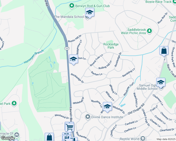 map of restaurants, bars, coffee shops, grocery stores, and more near 12113 Round Tree Lane in Bowie