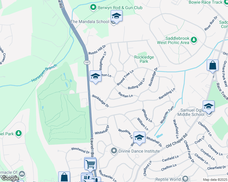 map of restaurants, bars, coffee shops, grocery stores, and more near 12113 Round Tree Lane in Bowie