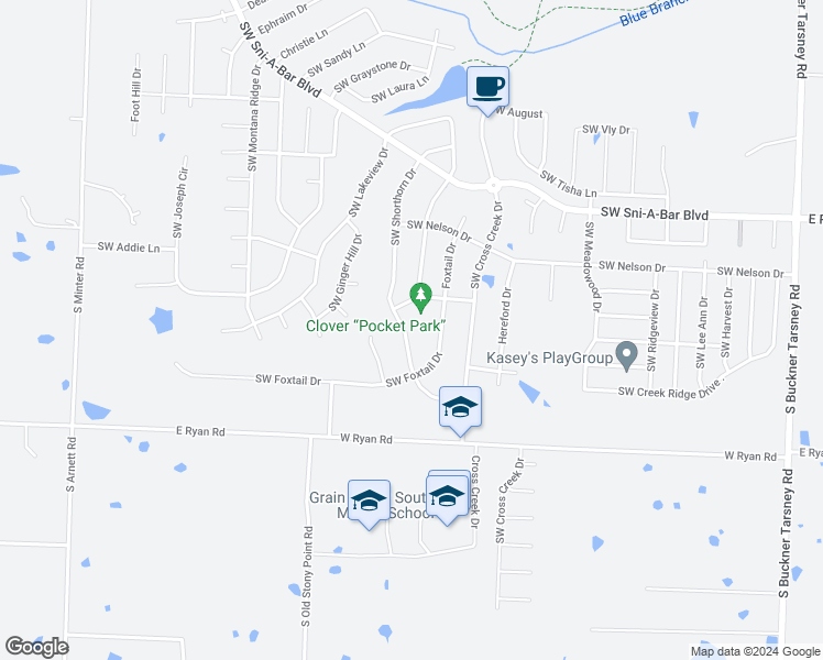 map of restaurants, bars, coffee shops, grocery stores, and more near 903 Southwest Shorthorn Drive in Grain Valley