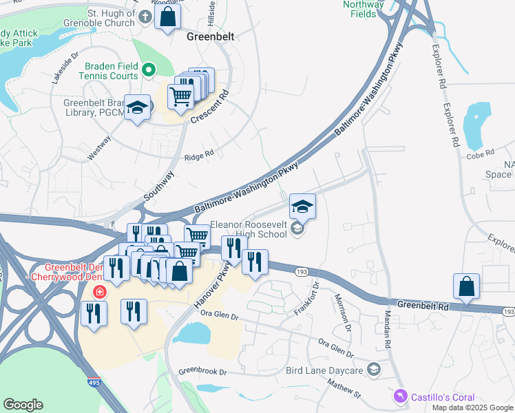 map of restaurants, bars, coffee shops, grocery stores, and more near 7714 Hanover Parkway in Greenbelt