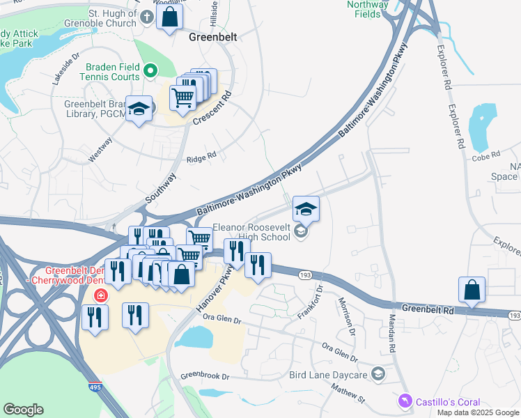 map of restaurants, bars, coffee shops, grocery stores, and more near 7712 Hanover Parkway in Greenbelt