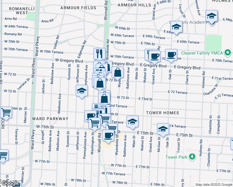 map of restaurants, bars, coffee shops, grocery stores, and more near 7217 Wyandotte Street in Kansas City