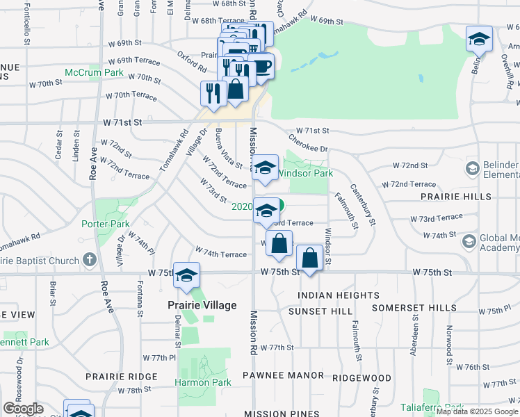 map of restaurants, bars, coffee shops, grocery stores, and more near 3903 West 72nd Terrace in Prairie Village