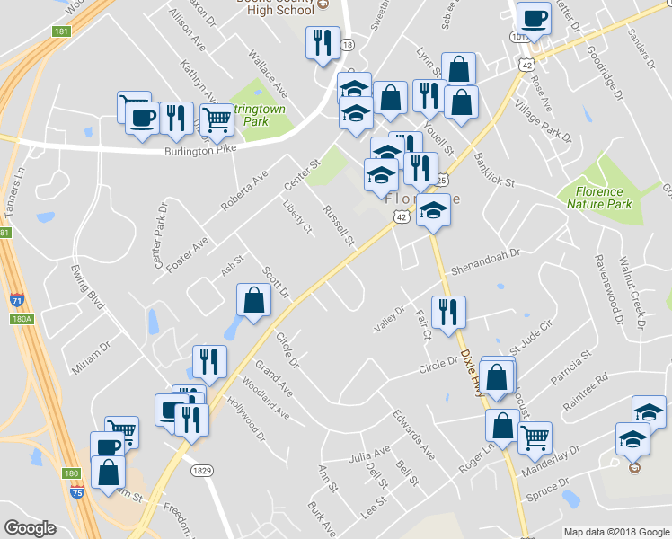 map of restaurants, bars, coffee shops, grocery stores, and more near 7414 U.S. 42 in Florence