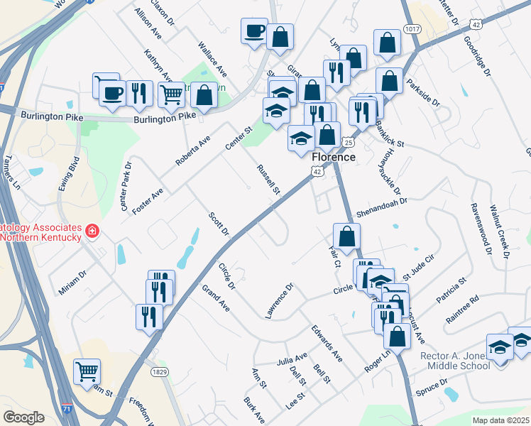 map of restaurants, bars, coffee shops, grocery stores, and more near 7414 U.S. 42 in Florence