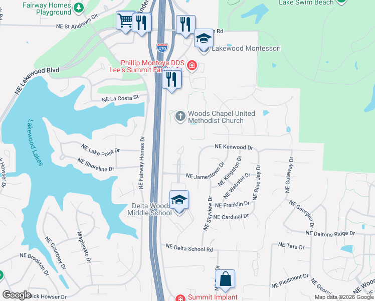 map of restaurants, bars, coffee shops, grocery stores, and more near 4617 Northeast Whispering Winds Drive in Lee's Summit
