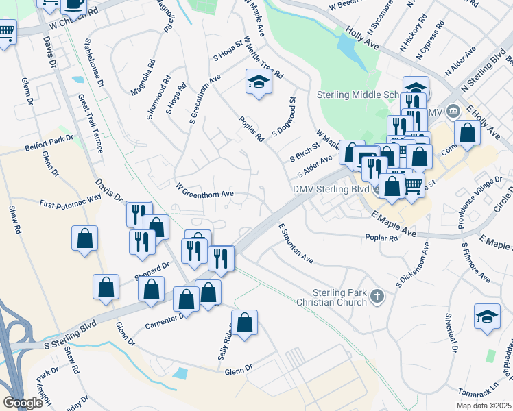 map of restaurants, bars, coffee shops, grocery stores, and more near 1050 Ramsgate Court in Sterling