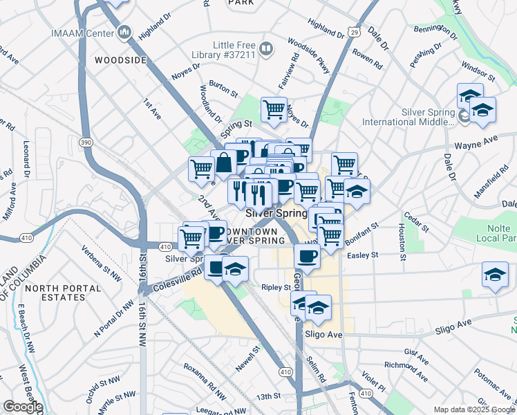 map of restaurants, bars, coffee shops, grocery stores, and more near 1110 Fidler Lane in Silver Spring