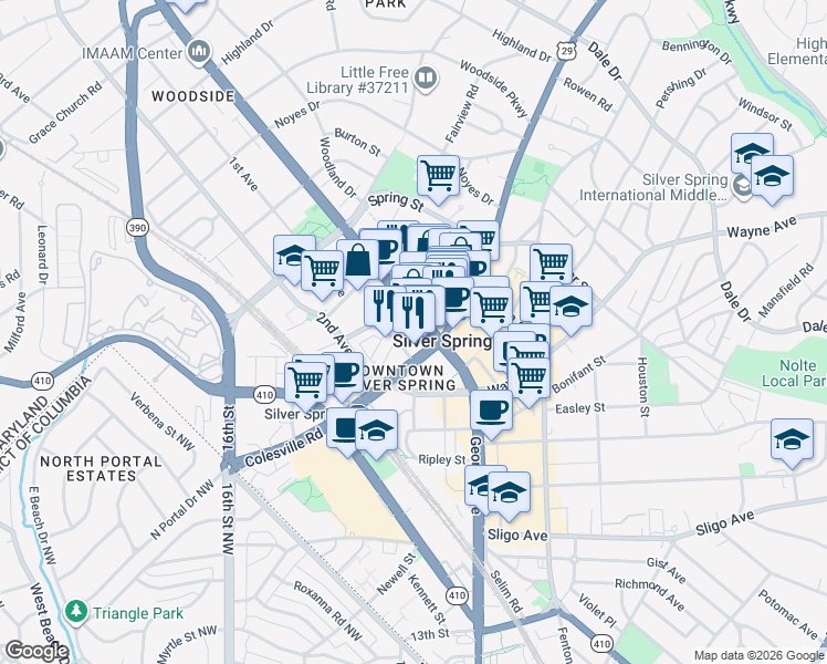 map of restaurants, bars, coffee shops, grocery stores, and more near 1110 Fidler Lane in Silver Spring