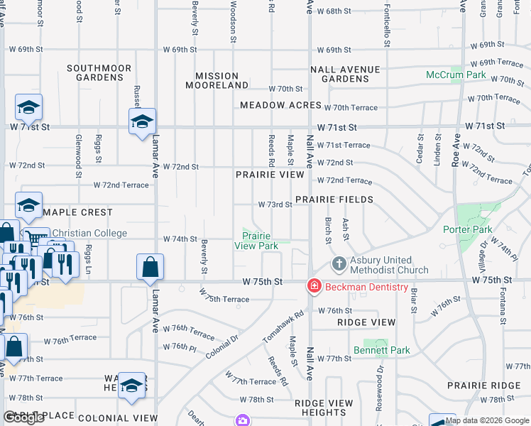 map of restaurants, bars, coffee shops, grocery stores, and more near 7240 Reeds Road in Overland Park
