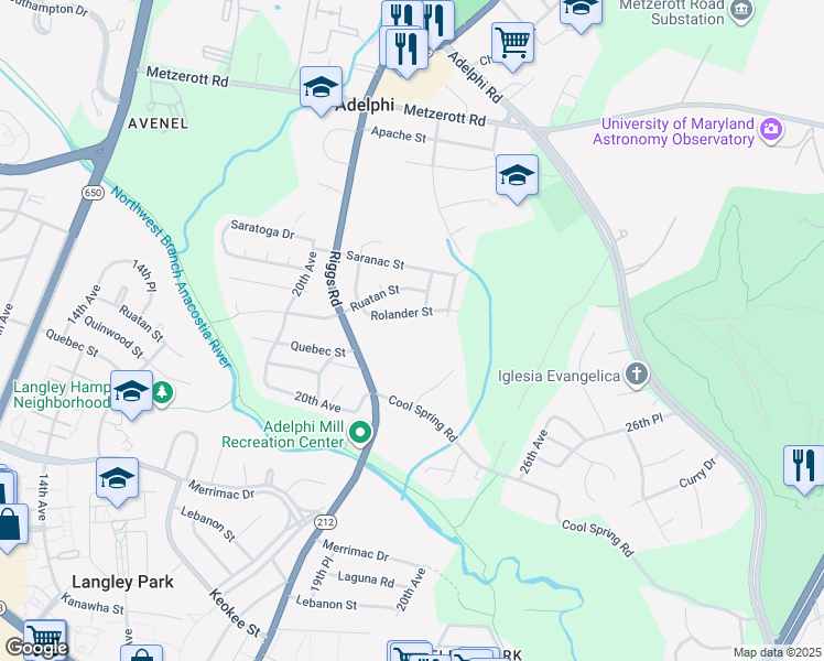 map of restaurants, bars, coffee shops, grocery stores, and more near in Adelphi