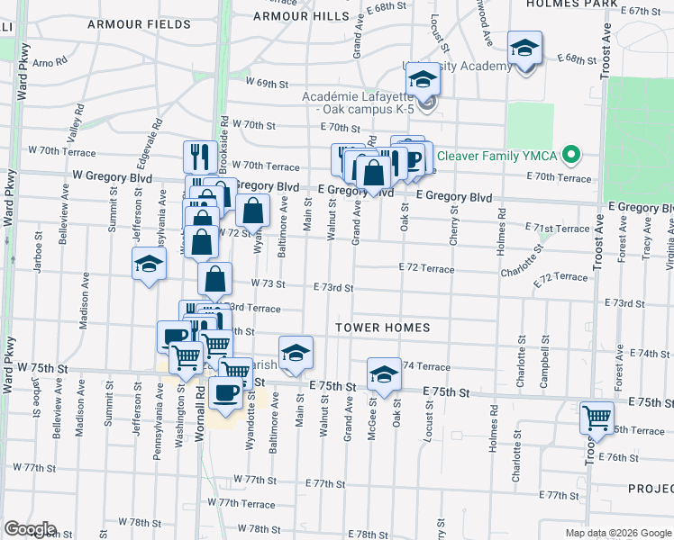 map of restaurants, bars, coffee shops, grocery stores, and more near 7216 Walnut Street in Kansas City