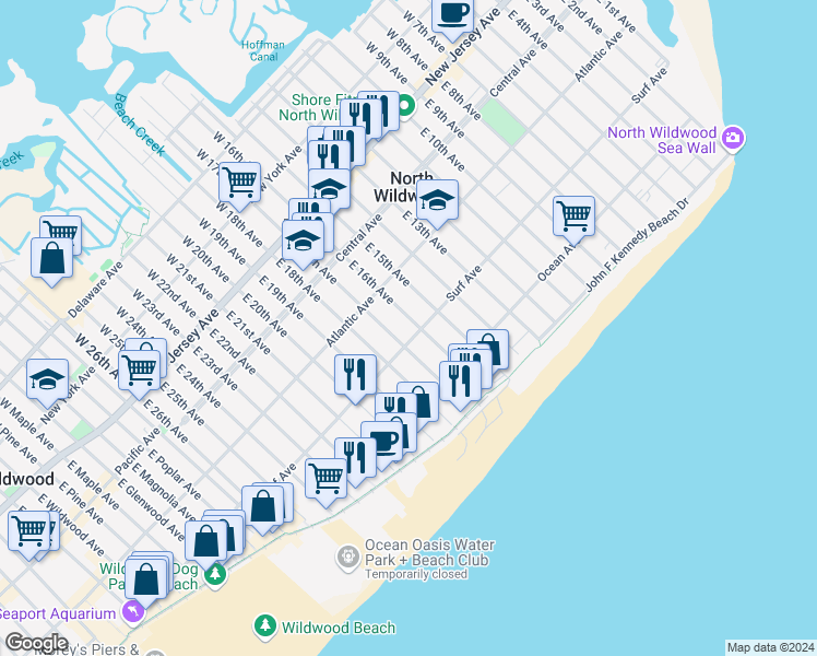 map of restaurants, bars, coffee shops, grocery stores, and more near 1600 Surf Avenue in Wildwood