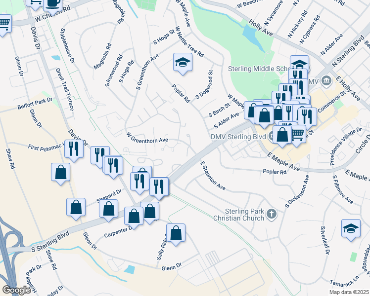 map of restaurants, bars, coffee shops, grocery stores, and more near 1050 Ramsgate Court in Sterling