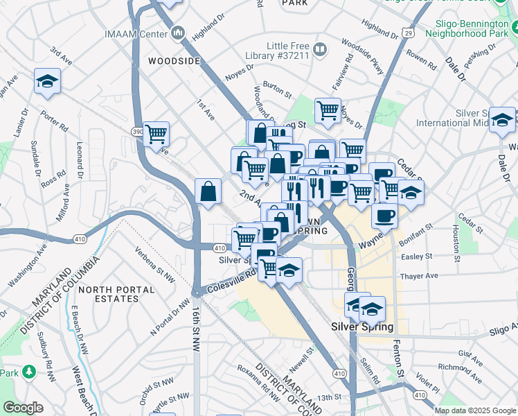 map of restaurants, bars, coffee shops, grocery stores, and more near 8560 2nd Avenue in Silver Spring