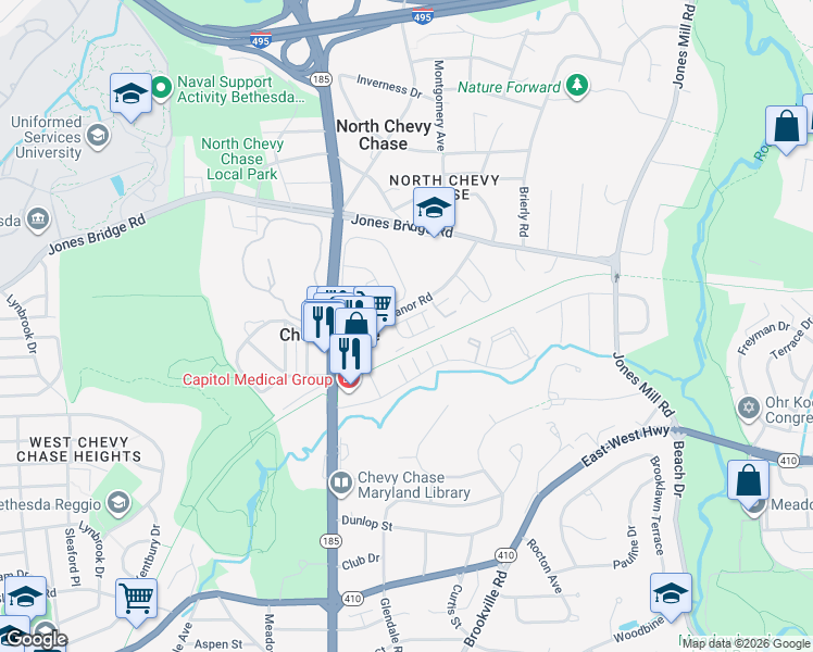 map of restaurants, bars, coffee shops, grocery stores, and more near 3722 Manor Road in Chevy Chase