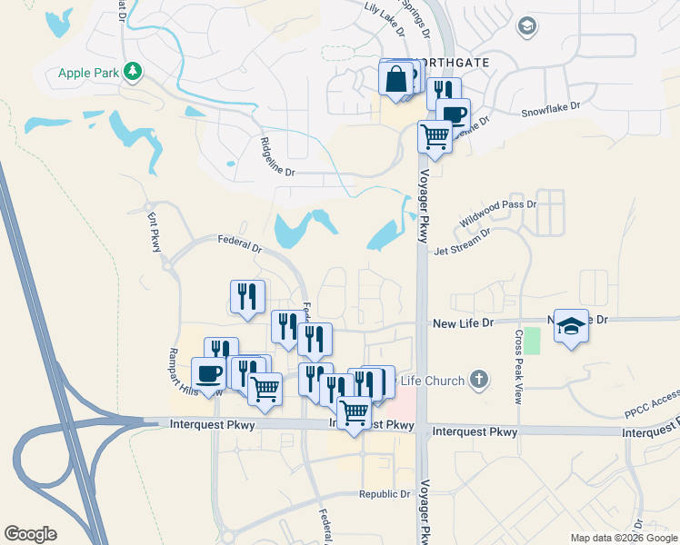 map of restaurants, bars, coffee shops, grocery stores, and more near 1386 Plentiful Drive in Colorado Springs