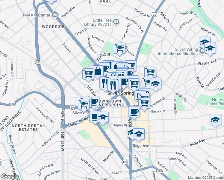 map of restaurants, bars, coffee shops, grocery stores, and more near 101 Independence Avenue Southeast in Washington