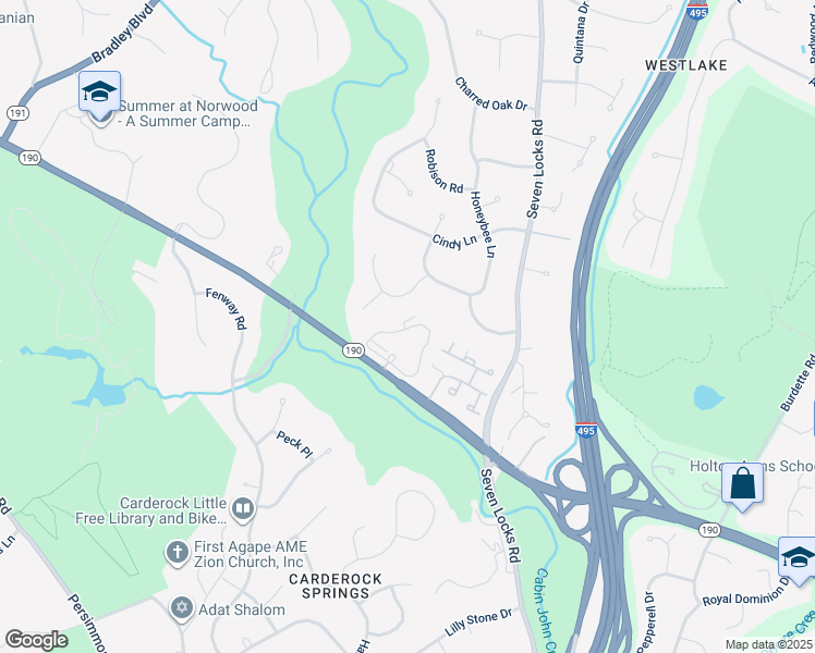 map of restaurants, bars, coffee shops, grocery stores, and more near 8135 River Road in Bethesda