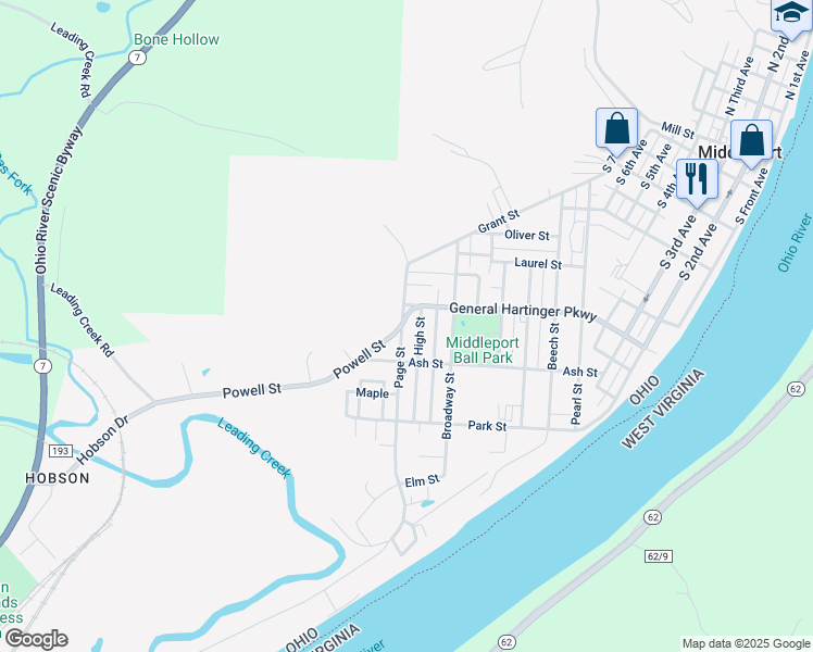 map of restaurants, bars, coffee shops, grocery stores, and more near 816-820 Page St in Middleport