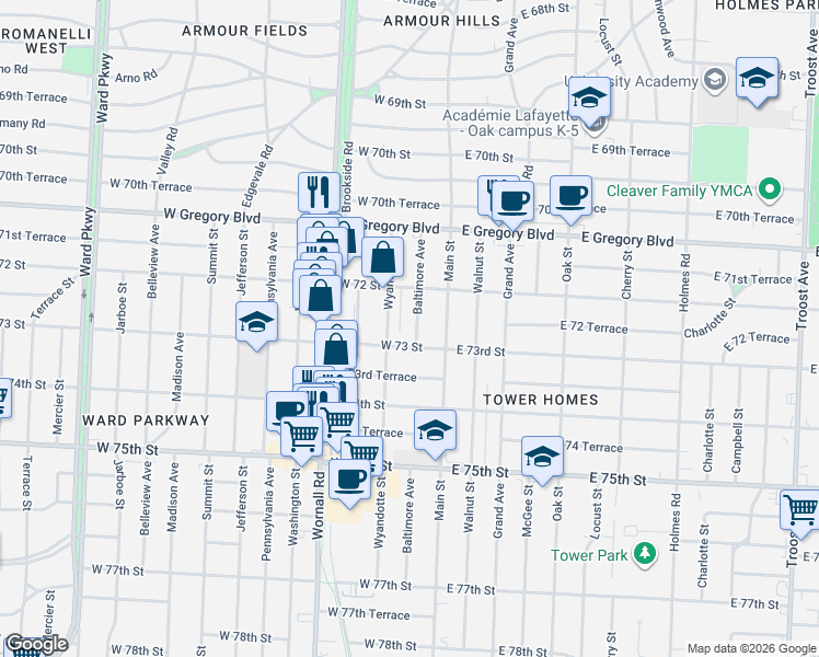 map of restaurants, bars, coffee shops, grocery stores, and more near 7217 Wyandotte Street in Kansas City