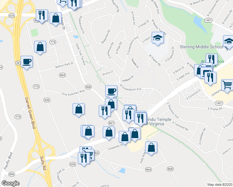 map of restaurants, bars, coffee shops, grocery stores, and more near 1061 Warwick Court in Sterling