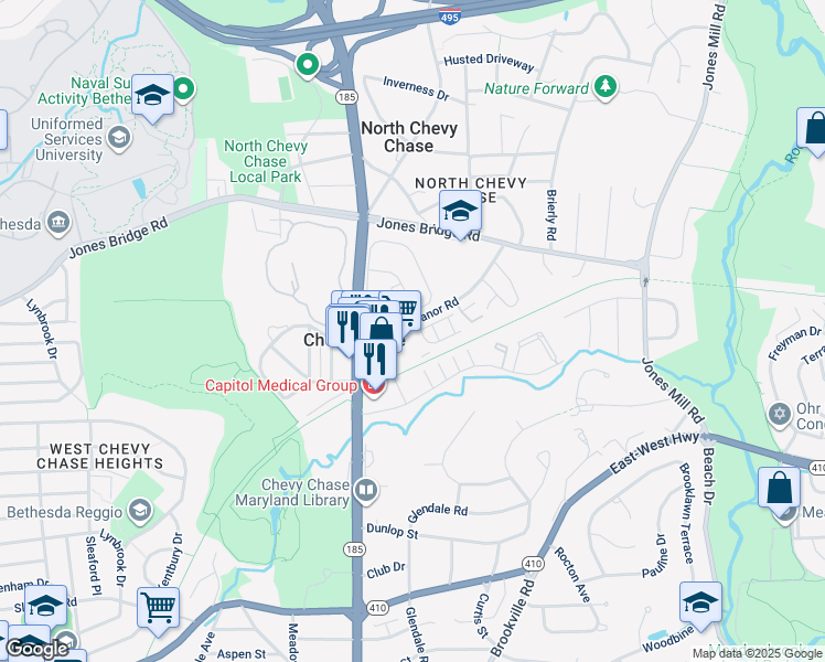 map of restaurants, bars, coffee shops, grocery stores, and more near 8603 Erdem Place in Chevy Chase