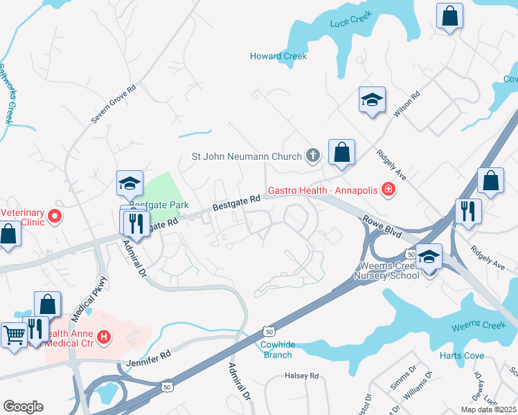 map of restaurants, bars, coffee shops, grocery stores, and more near 2020 Puritan Terrace in Annapolis