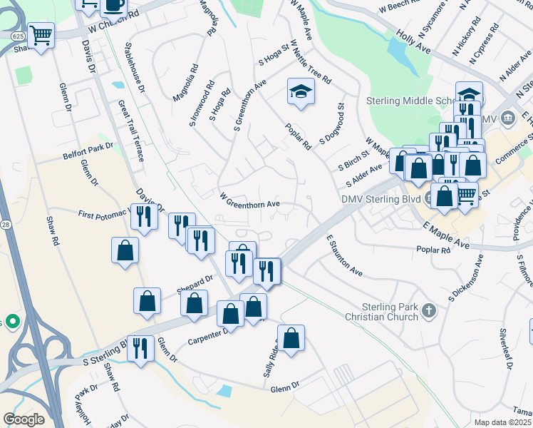 map of restaurants, bars, coffee shops, grocery stores, and more near 22308 Mayfield Square in Sterling