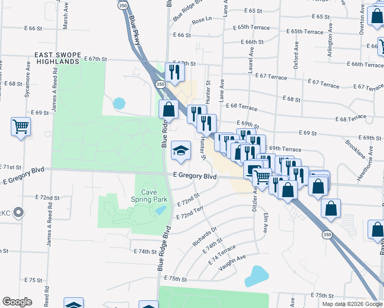 map of restaurants, bars, coffee shops, grocery stores, and more near 7000 Kentucky Avenue in Raytown