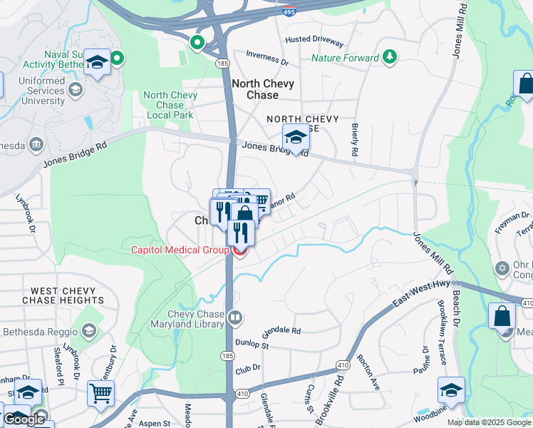 map of restaurants, bars, coffee shops, grocery stores, and more near 8603 Erdem Place in Chevy Chase