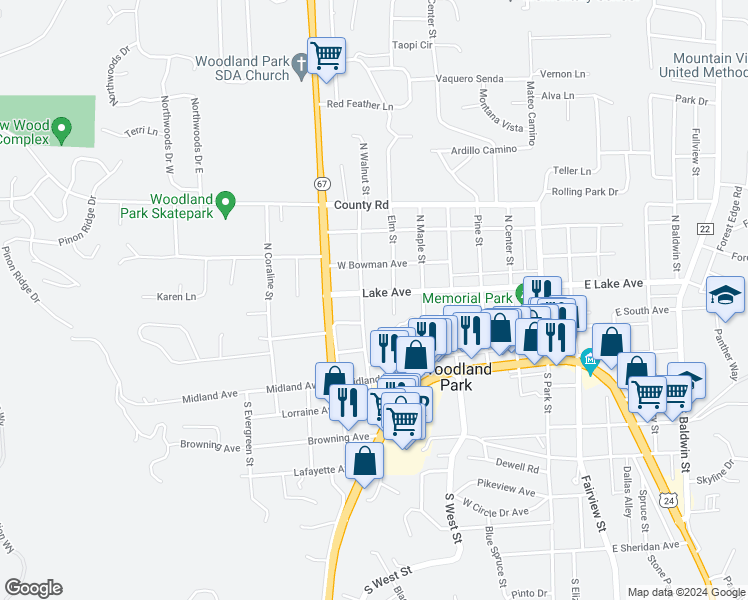 map of restaurants, bars, coffee shops, grocery stores, and more near 611 Lake Avenue in Woodland Park