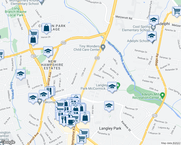 map of restaurants, bars, coffee shops, grocery stores, and more near New Hampshire Ave & Quebec St in Langley Park