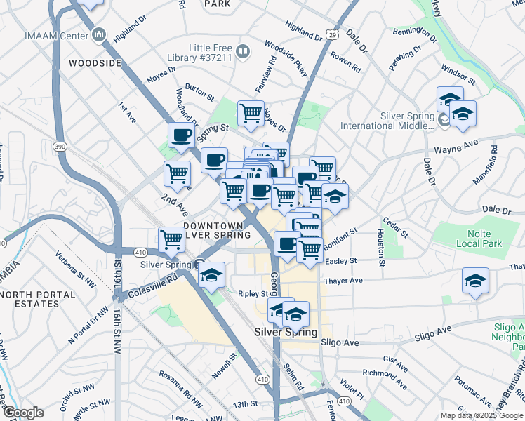 map of restaurants, bars, coffee shops, grocery stores, and more near 8611 Colesville Road in Silver Spring