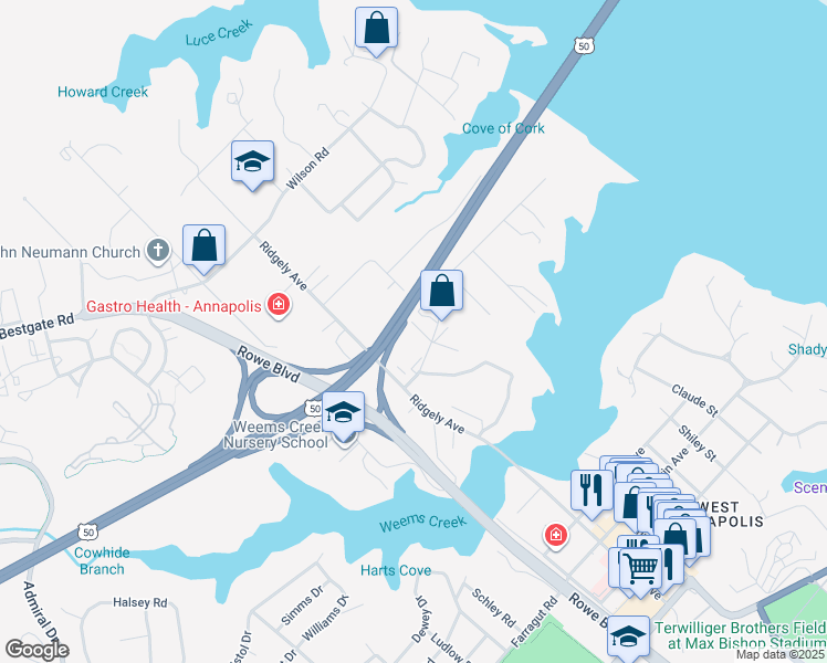 map of restaurants, bars, coffee shops, grocery stores, and more near 17 Riverview Avenue in Annapolis