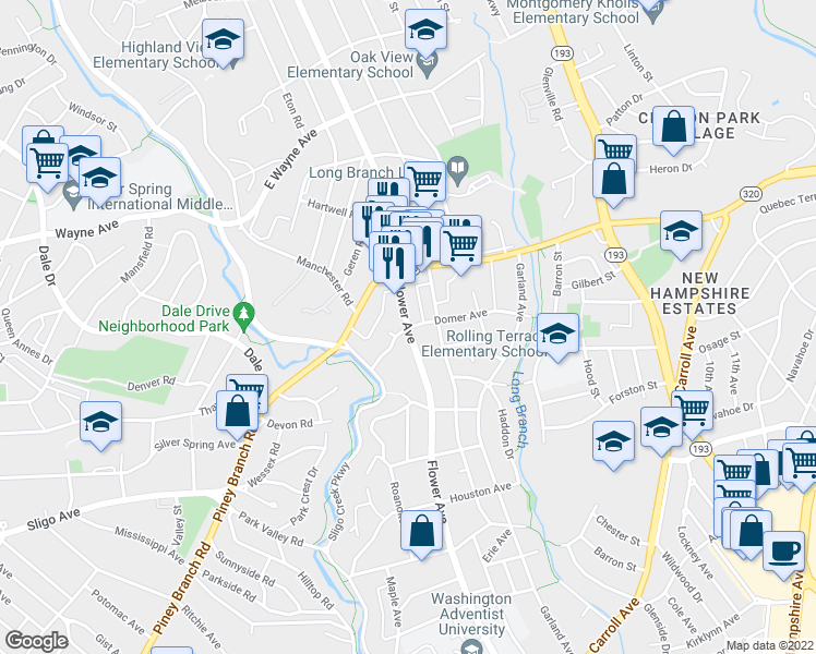 map of restaurants, bars, coffee shops, grocery stores, and more near Flower Ave & Domer Ave in Takoma Park