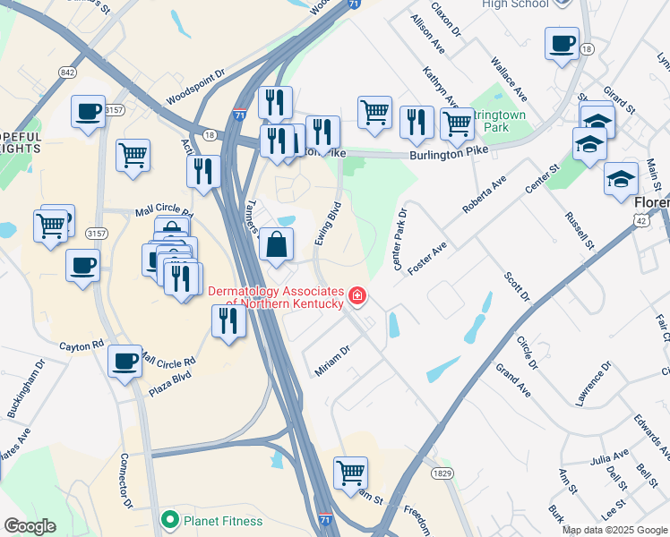map of restaurants, bars, coffee shops, grocery stores, and more near 8200 Ewing Boulevard in Florence