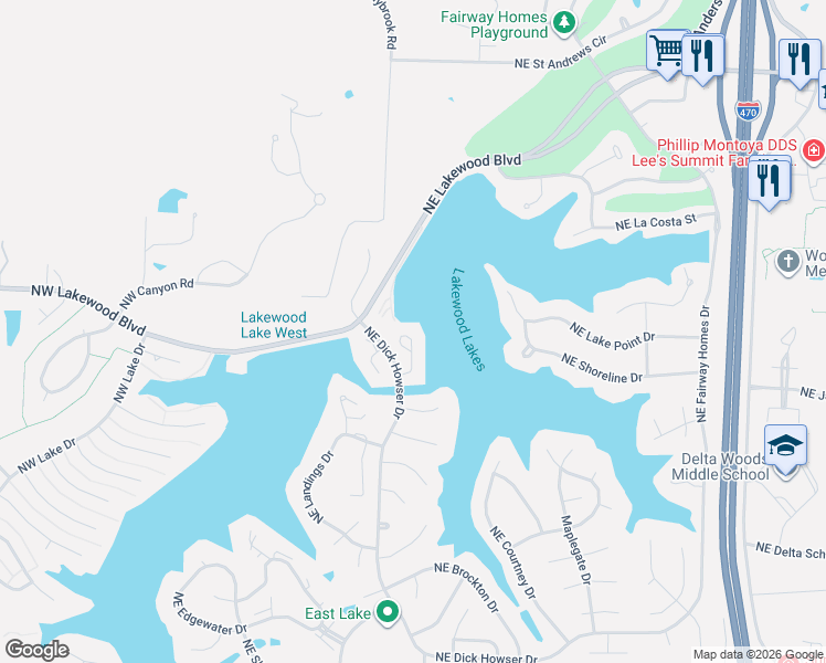 map of restaurants, bars, coffee shops, grocery stores, and more near 4527 Northeast Waters Edge Street in Lee's Summit