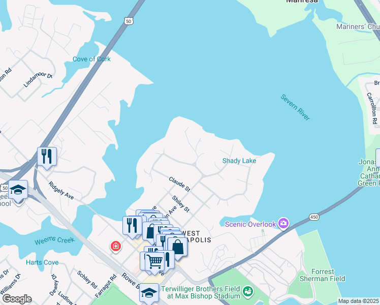 map of restaurants, bars, coffee shops, grocery stores, and more near 215 Wardour Drive in Annapolis