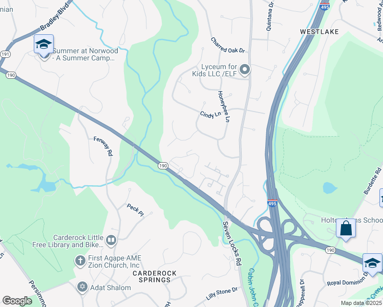 map of restaurants, bars, coffee shops, grocery stores, and more near 8129 River Road in Bethesda