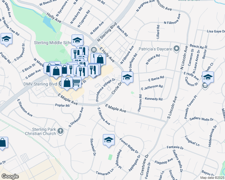 map of restaurants, bars, coffee shops, grocery stores, and more near Saint Johns Square in Sterling