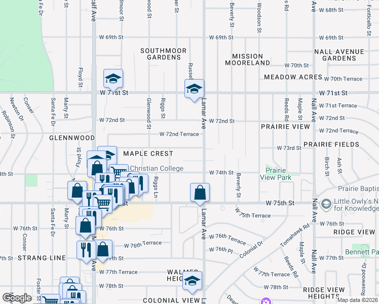 map of restaurants, bars, coffee shops, grocery stores, and more near 6306 West 73rd Street in Overland Park