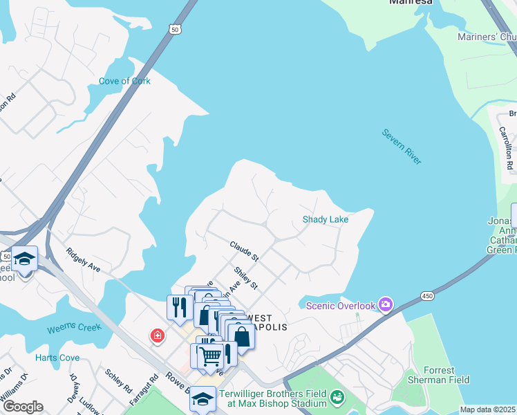 map of restaurants, bars, coffee shops, grocery stores, and more near 215 Wardour Drive in Annapolis