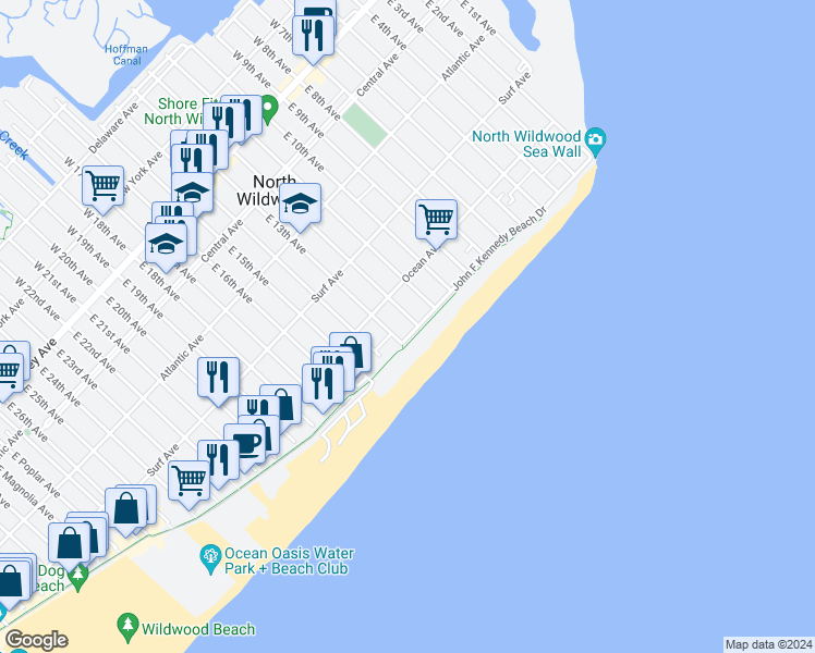 map of restaurants, bars, coffee shops, grocery stores, and more near 506 East 12th Avenue in North Wildwood