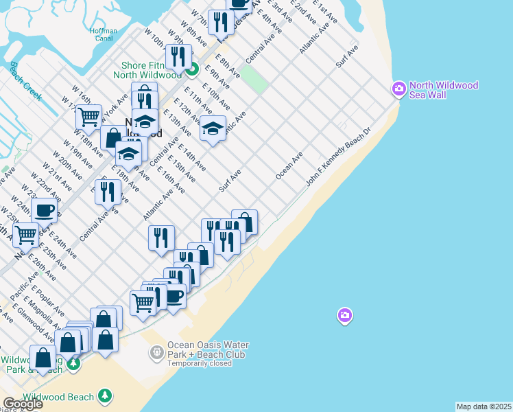 map of restaurants, bars, coffee shops, grocery stores, and more near 434 East 13th Avenue in North Wildwood