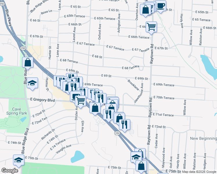 map of restaurants, bars, coffee shops, grocery stores, and more near 9412 East 69th Terrace in Raytown