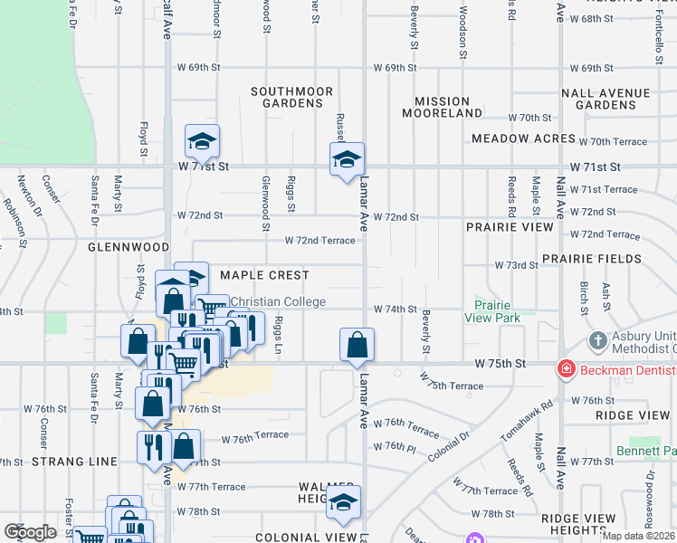 map of restaurants, bars, coffee shops, grocery stores, and more near 6306 West 73rd Street in Overland Park