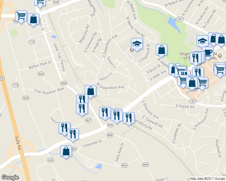 map of restaurants, bars, coffee shops, grocery stores, and more near 1062 Norwood Court in Sterling