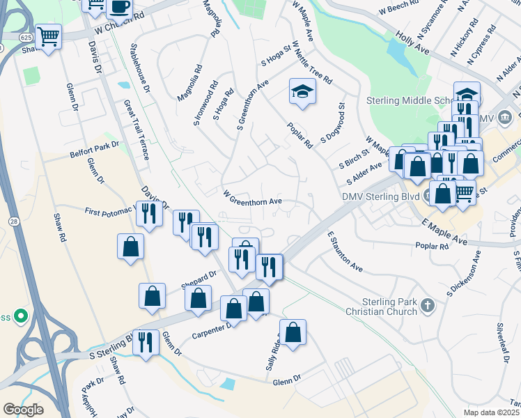 map of restaurants, bars, coffee shops, grocery stores, and more near 1062 Norwood Court in Sterling