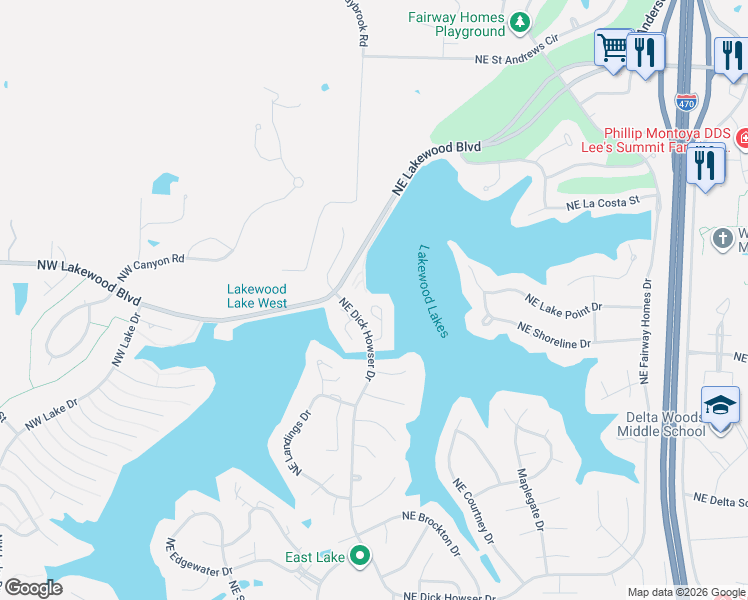 map of restaurants, bars, coffee shops, grocery stores, and more near 4527 Northeast Waters Edge Street in Lee's Summit